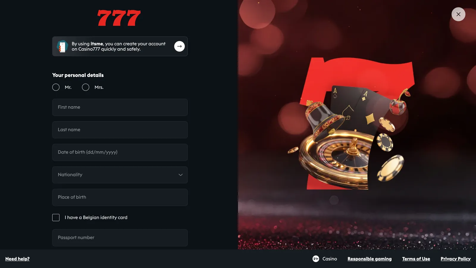 Formularz rejestracji nowego konta użytkownika w serwisie internetowym 777 Casino