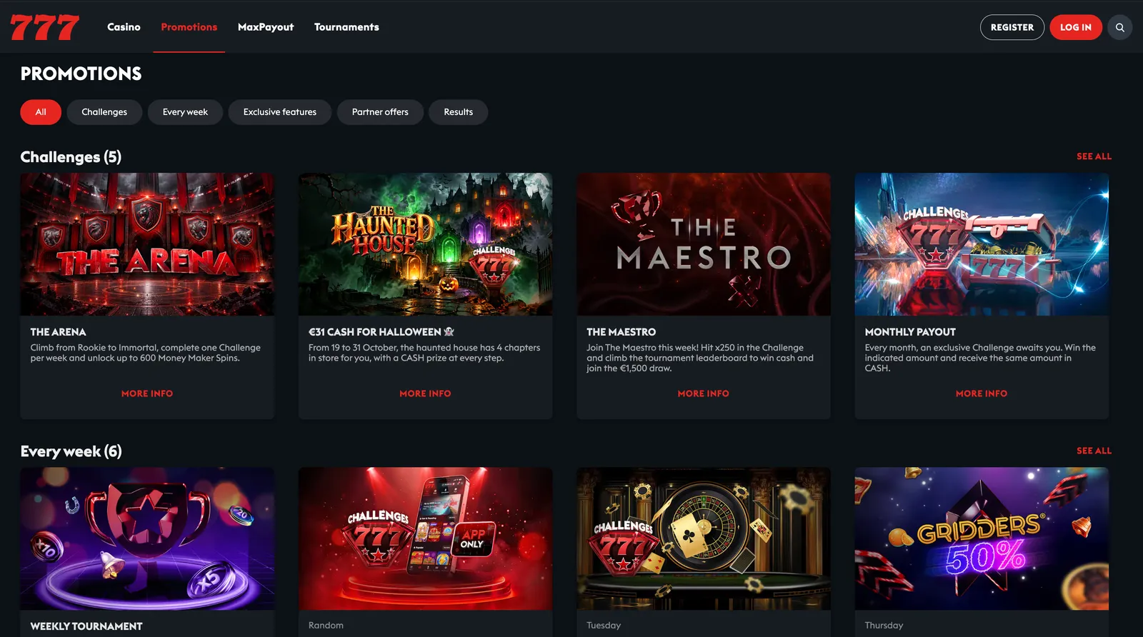 Sekcja promocji i ofert bonusowych dostępnych dla graczy w 777 Casino