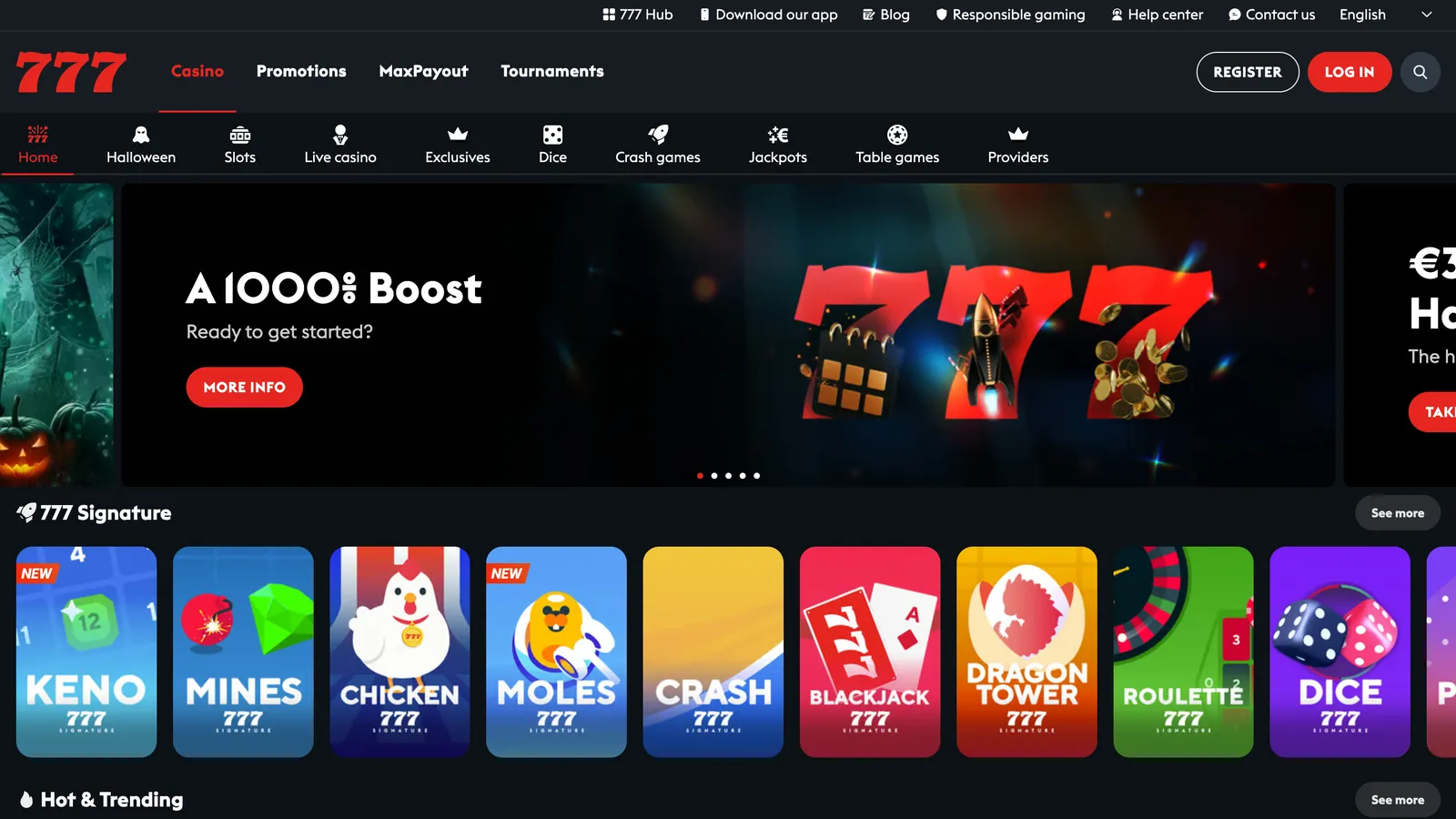 Strona główna serwisu 777 Casino z widokiem lobby gier i menu nawigacyjnego